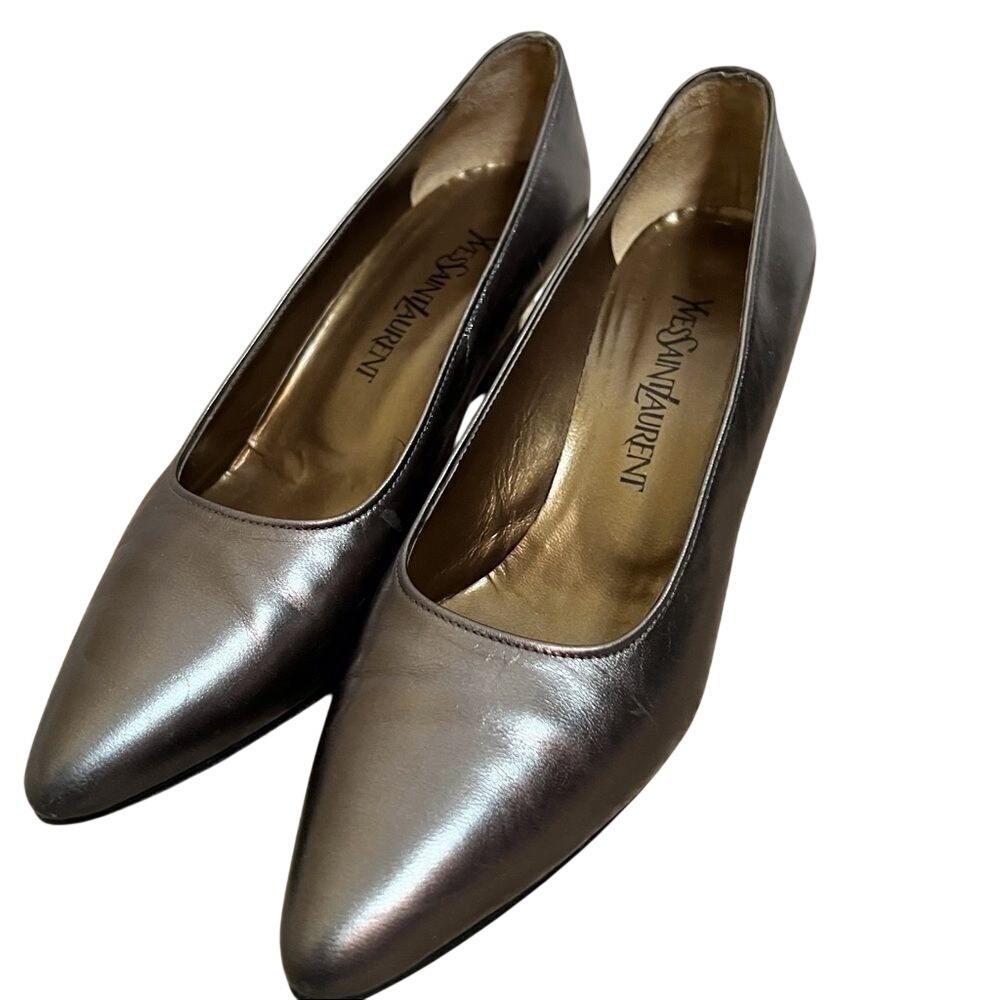 Yves Saint Laurent Womens 8.5 Metallic‎ Pewter Leather Pointed Toe Kitten Heel
